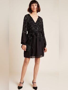 NWT Anthropologie Ranna Gill Black Embellished V-Neck Tunic Dress